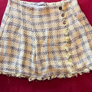 Zara Yellow, Black and Cream Tweed Mini Skirt with Side Buttons